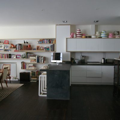 Shoreditch warehouse conversion open plan living bespoke kitchen concrete worktop